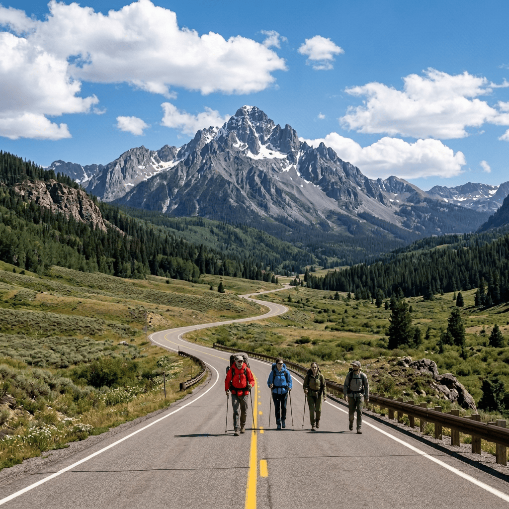 Four hikers walking on a paved road with mountains and trees in the background