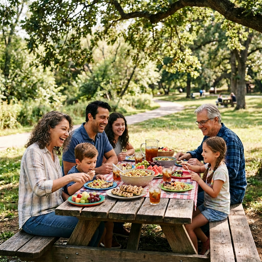 Family of six eating various picnic foods at a wooden table in a sunny park